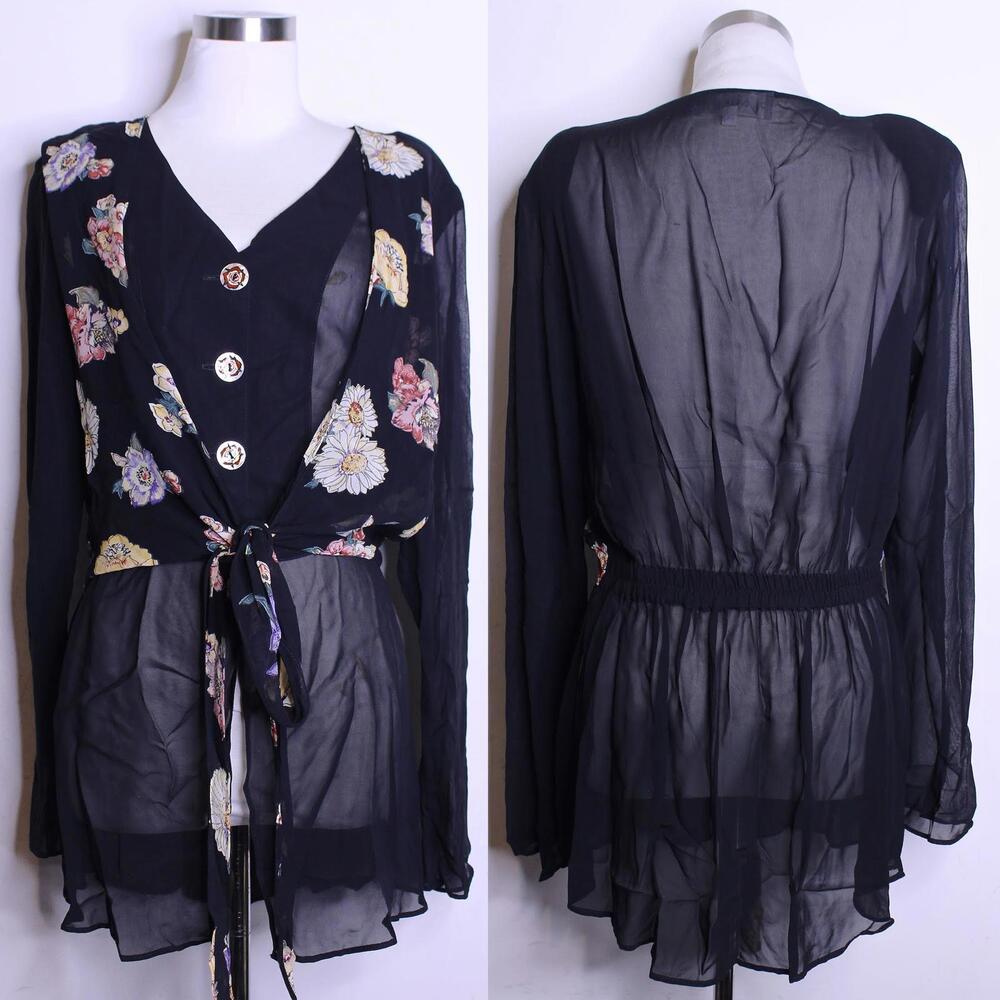 VTG Whimsigoth Black Floral Wrap Sheer Blouse - Medium